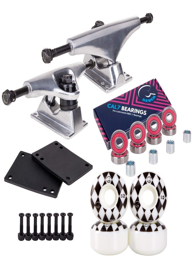 Cal 7 Skateboard Package | Complete Combo Set with 139 Millimeter / 5.25 Inch Aluminum Trucks, 52mm 99A Wheels & Bearings (Silver Truck + White Speedway Wheels) - Image 2
